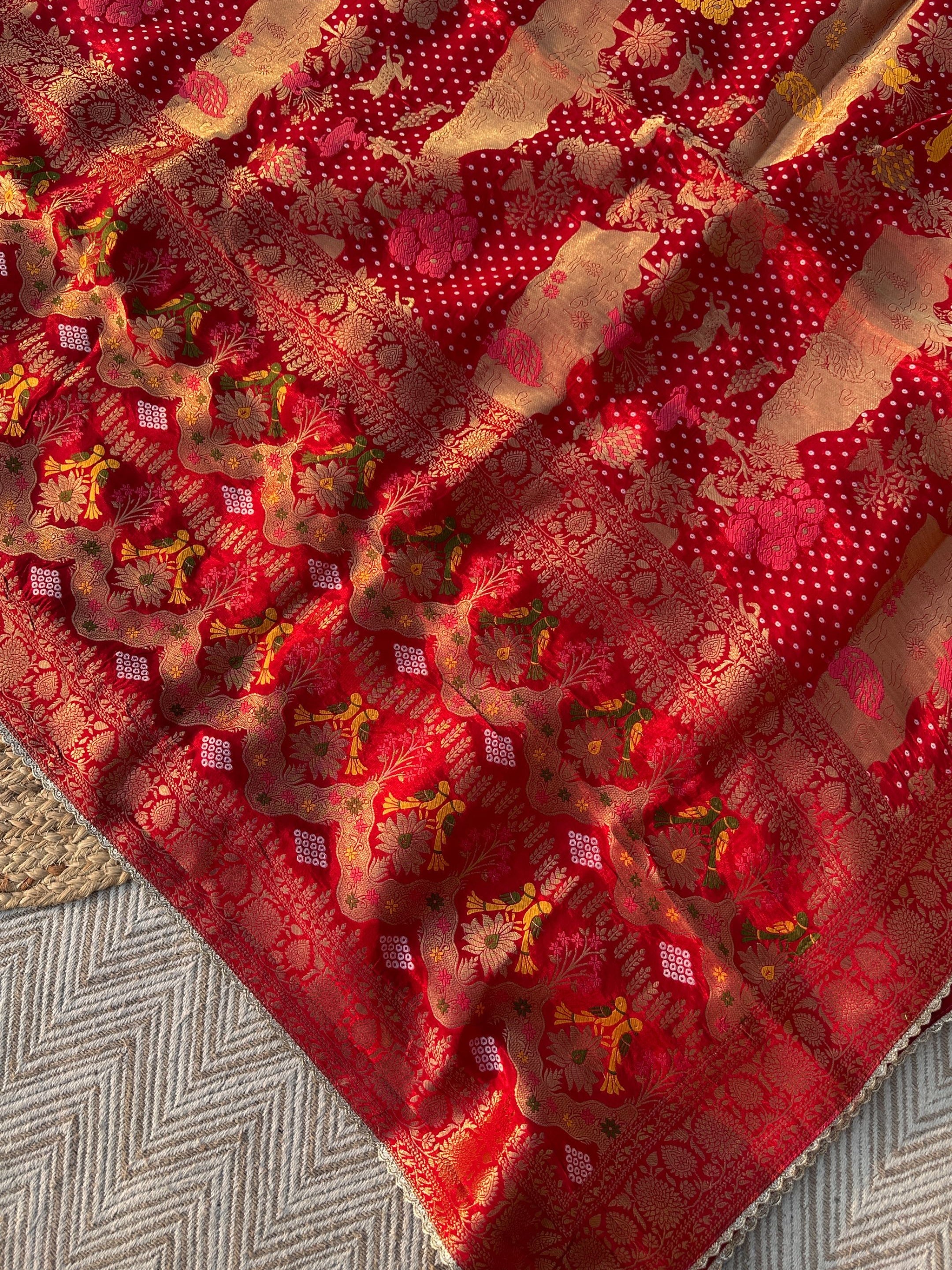 Red Crepe Saree with Blouse with Cutdana, Zari, Sequins, Mirror, Pearl and Weaving Embroidery 7